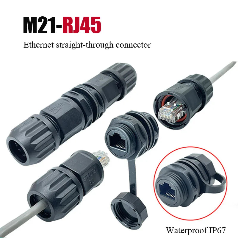 Waterproof M21 RJ45 Ethernet Connector 8P8C Network Socket Through Wall Panel Mount IP67 Straight Through Male Female Plug Cat5