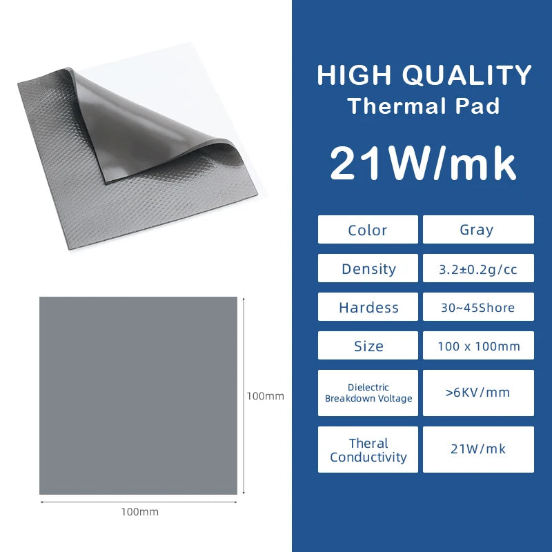 21W/mK Thermal Conductivity Thermal Pad 2.25mm 100x100mm CPU Heatsink Cooling Conductive Thermal Silicone Pad Thermal Insulation
