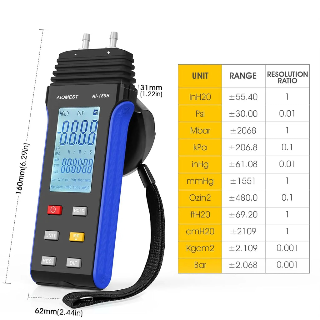 Digital Pressure Gauge ±30.00 Psi Professional Barometer Differential Pressure Gauge 11 Selectable Units Ventilation and Burner