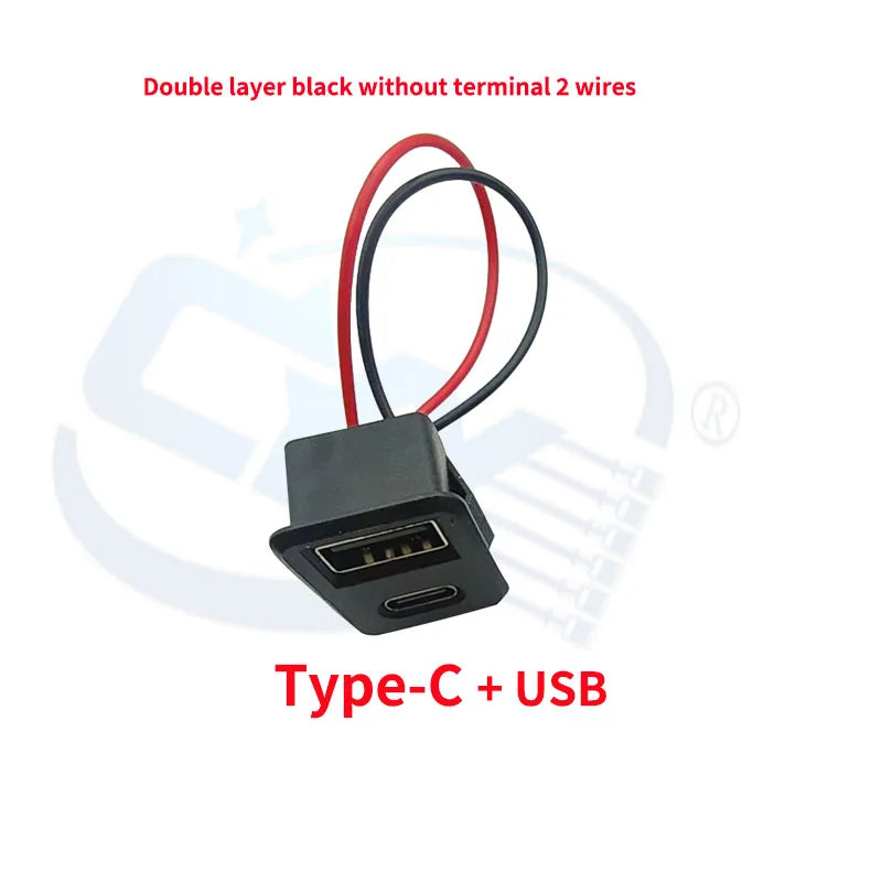 USB 2.0 Connector Female Socket Dual Layer Type C and USB Power Socket Interface, with Cable Charging Car Soldering Plug