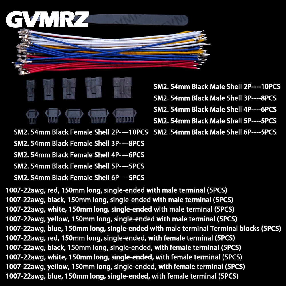 JST SM 2.54mm Male & Female Connector Kit with 22AWG Pre-Crimped Wire SM2.54 2/3/4/5/6 Pin Housing Adapter Cable Connector