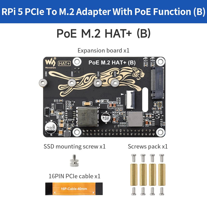 Raspberry Pi 5 PCIe To M.2 With PoE HAT (B) Supports NVMe Protocol M.2 Solid State Drive High-speed Reading Writing Pi 5 PoE HAT