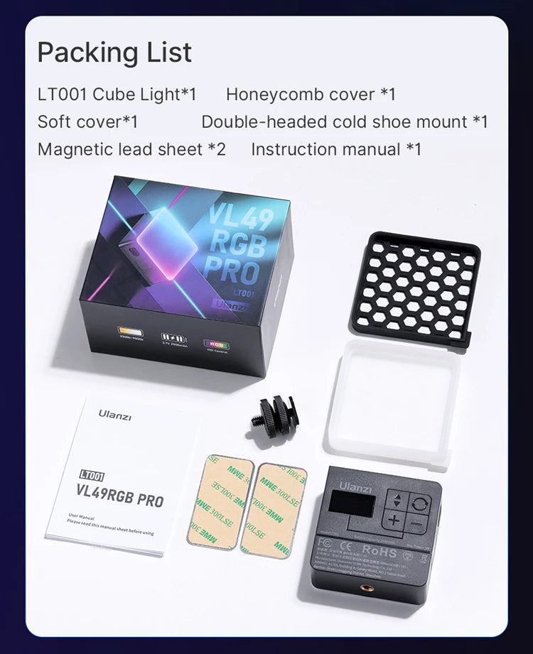 Ulanzi VL49 RGB PRO Full Color LED Video Light 2500K-9000K Camera Light for Photopraphy with Honeycomb Diffuser