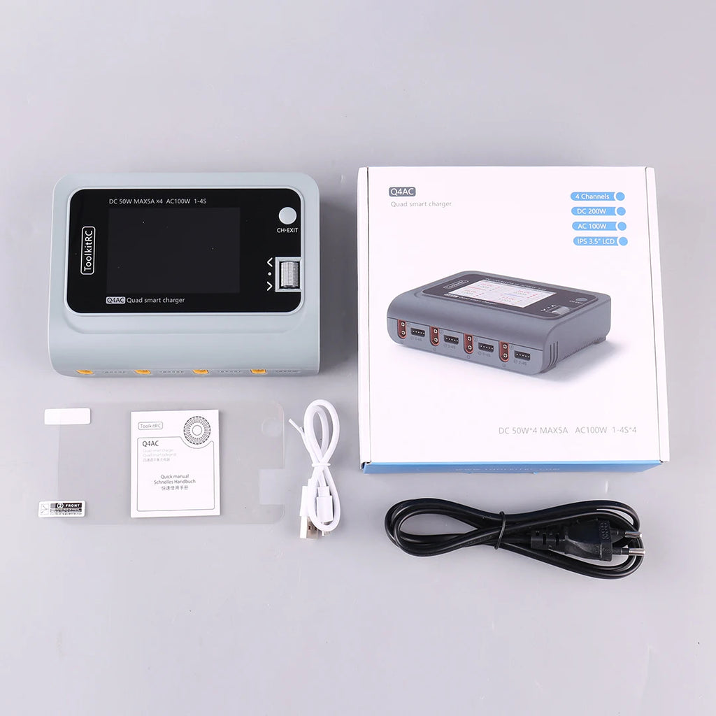 ToolkitRC Q4AC 4x50W 5A AC 100W 4 Port DC Smart Discharger Charger XT60/XT30 Optional for 1-4S Lipo Battery