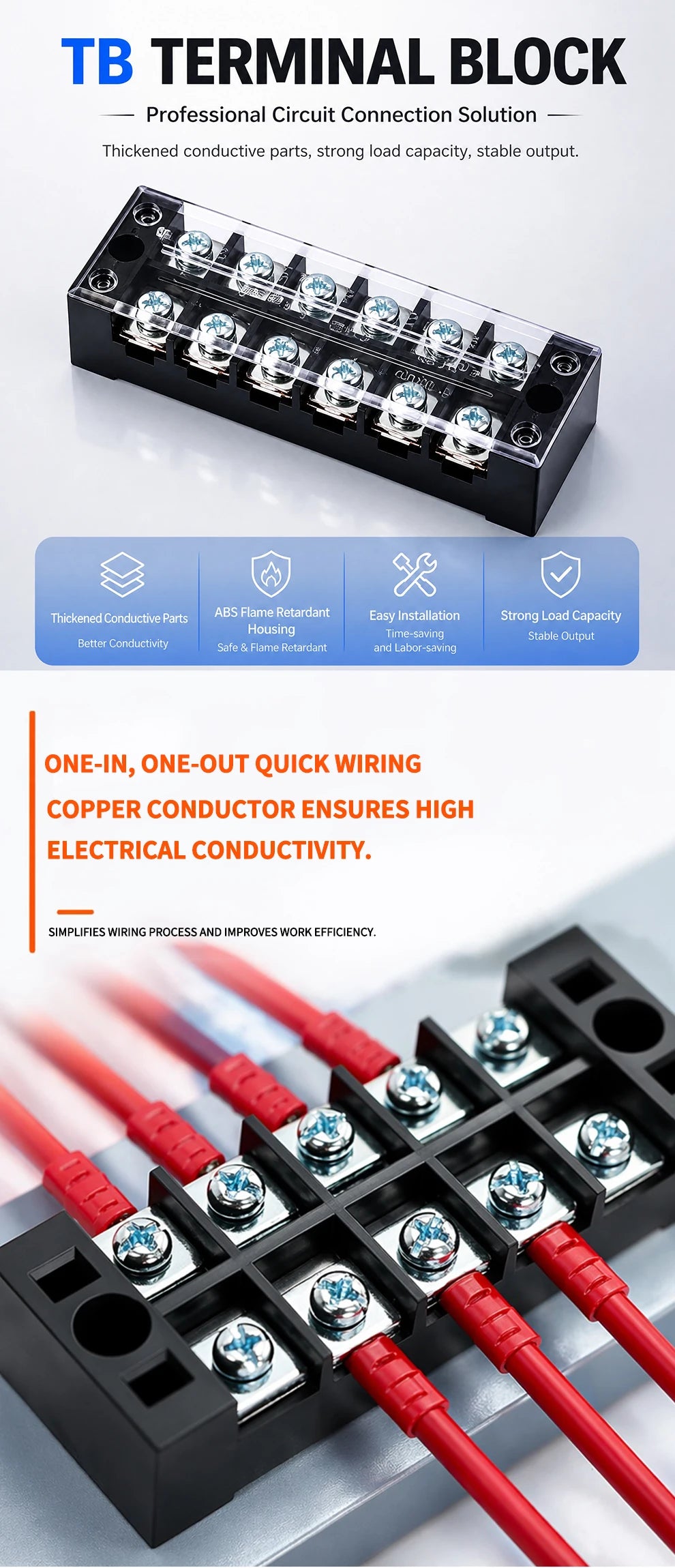1PCS- TB1508 Dual Row Thick Copper Screw Terminal Block Flame Retardant Grounding Strip Wire Connector 600V 15A