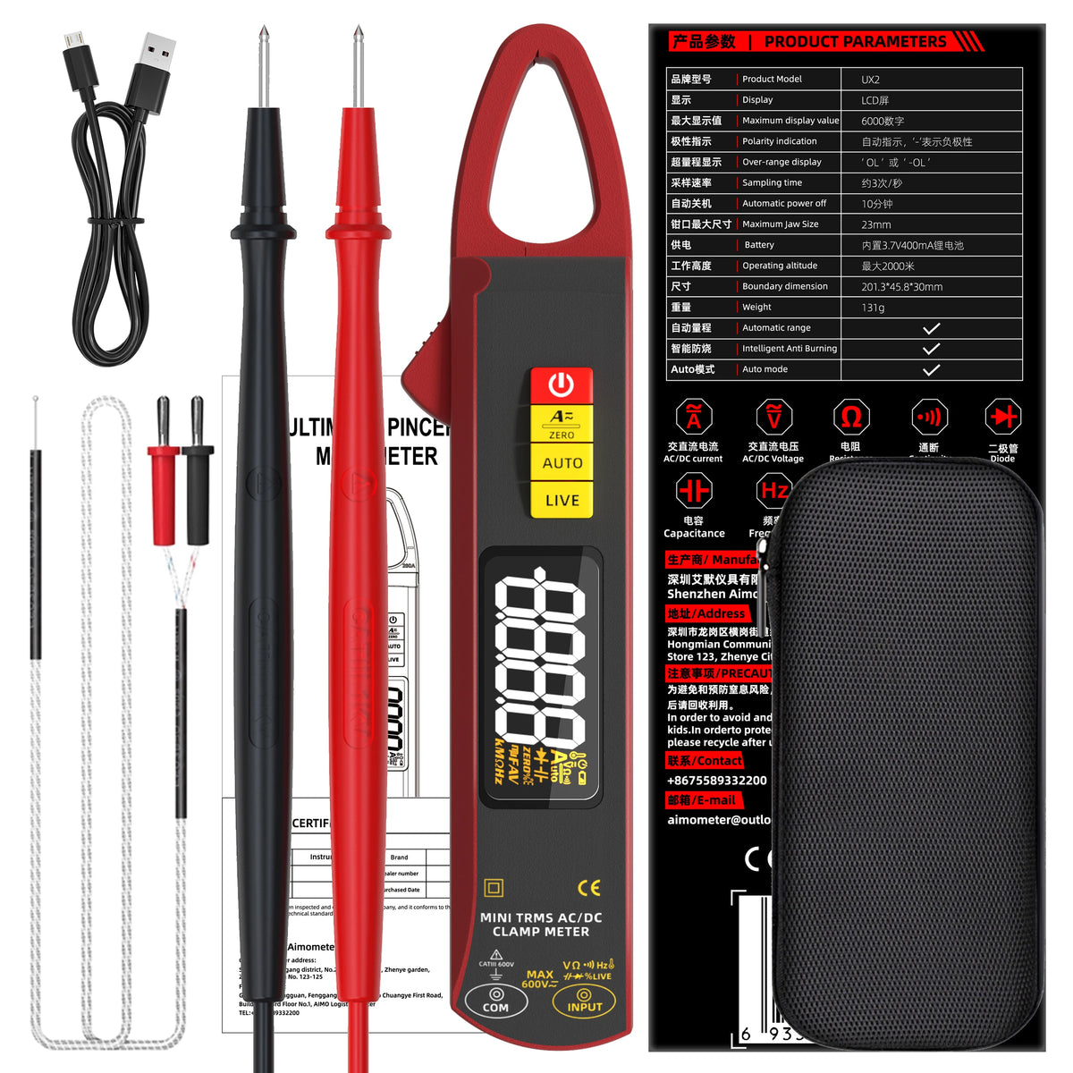 NEW UX2 Digital Clamp Meter 200A Auto-ranging Non-contact Current Voltage Frequency Temperature Voltmeter Multimeter