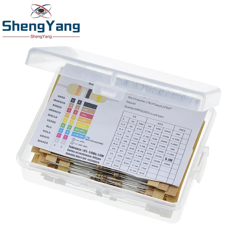 TZT 1/8W 5% 640pcs 64 Values 1R - 10MR 0.125W Carbon Film Resistors Assorted Kit Set