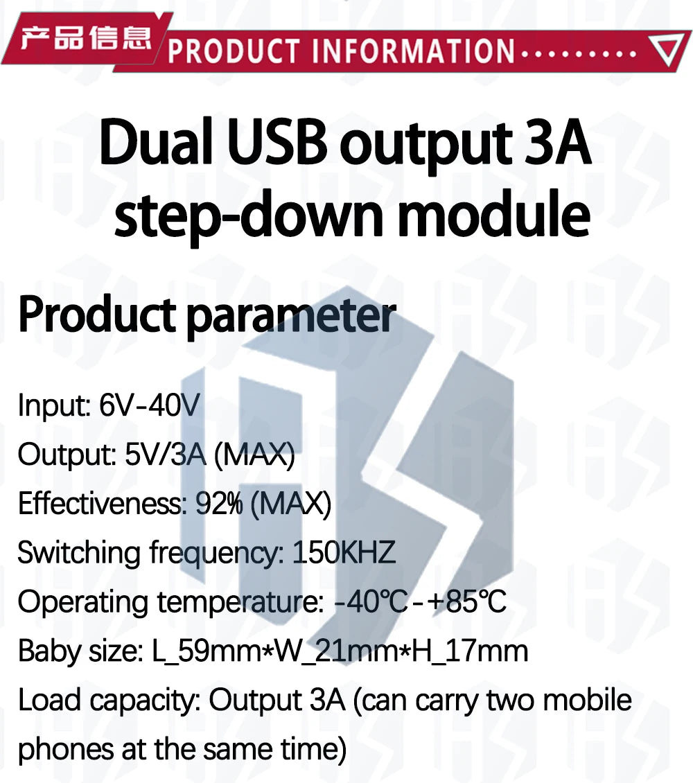 BS LM2596 DC-DC Buck Converter Module - 6V-40V Input to Dual USB 5V/3A Output for Automotive Use