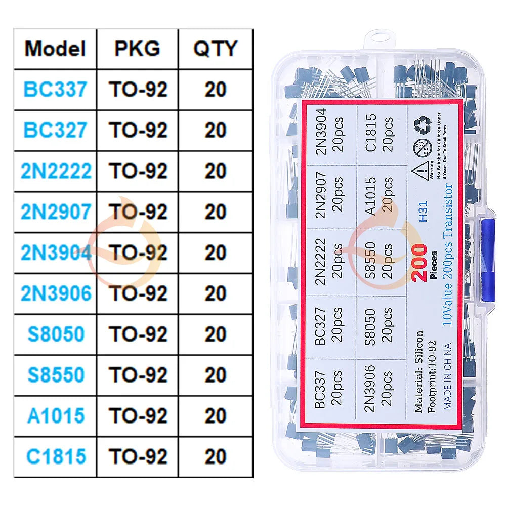 TO-92 TO-92L TO-126 TO-220 Series Mosfet Triode Thyristor PNP NPN Transistor Assortment Kit Box