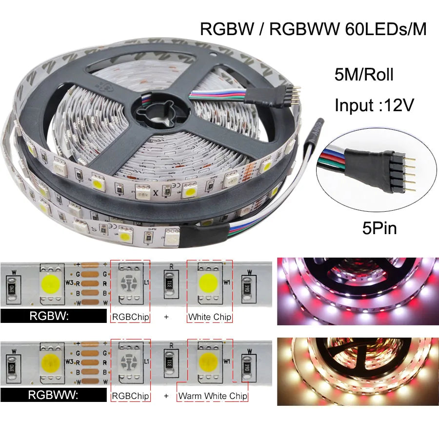 LED Strip 5050 DC 12V 24V RGB Warm White 5 Meter Waterproof Flexible Light Stripe 60LED/MLed Tape Luces Lamp Ribbon Tv Backlight