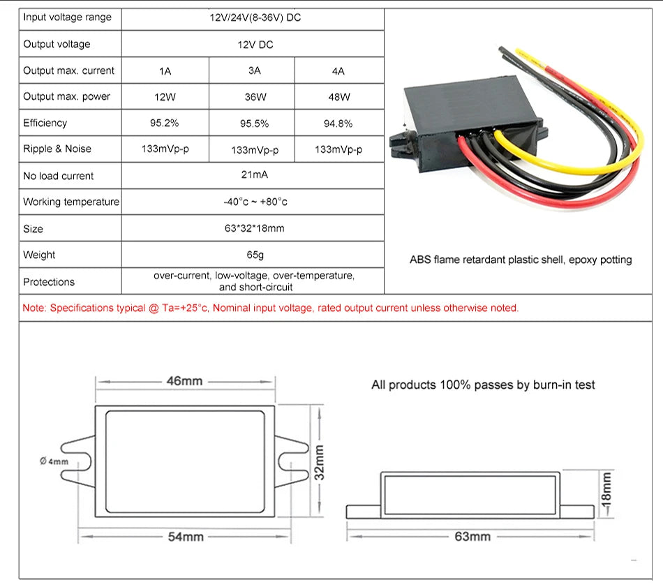 24V 36V 48V 60V to 12V 1A-5A Buck DC Power Converter 60V-12V Step-down Voltage Regulator Transformer Car Truck Boat Supply