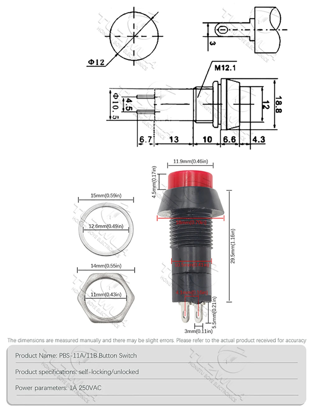 10PCS PBS-11A 12mm self-locking Plastic Push Button Switch Latching Switchs 1A 250V AC 2PIN PBS-11B