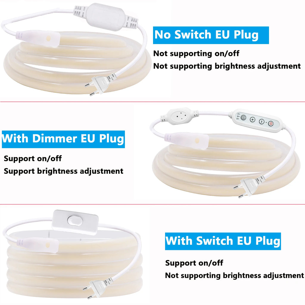 Dimmable Switch 220V COB LED Strip Neon Light Dimmer Power Kit Waterproof 3000K 4000K 6000K 288LED Kitchen Room Decor Flex Lamp