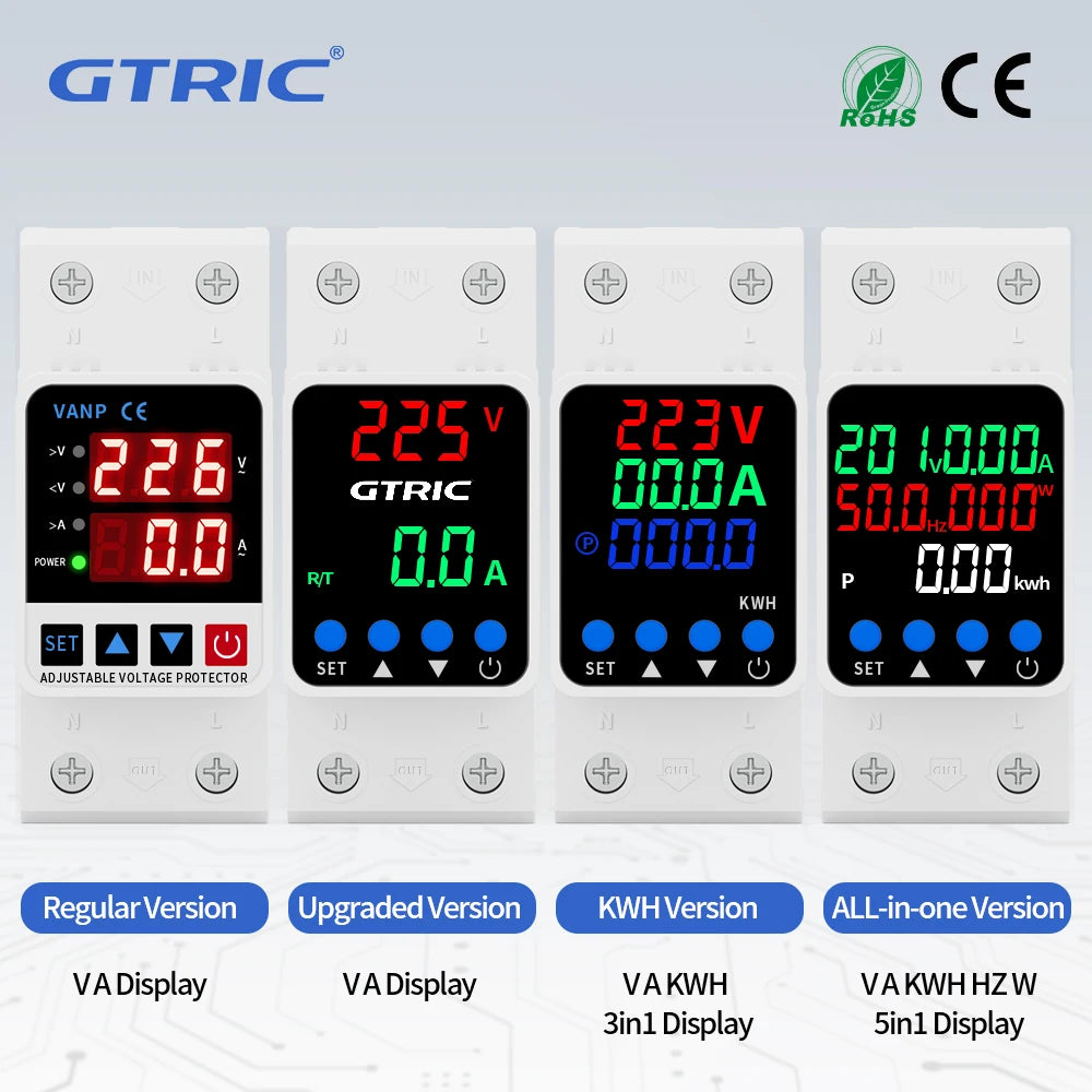 GTRIC Voltage Protection Relay Din Rail Over Under Voltage Protector 230VAC 40A 63A Adjustable Voltage Current Protection Device