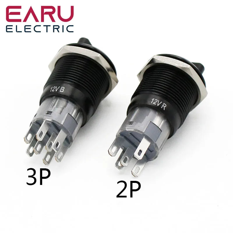 19mm Black Self-return Momentary Self-locking Fixation Waterproof DPDT Illuminated Metal Selector Rotary Switch 2/3 Position LED