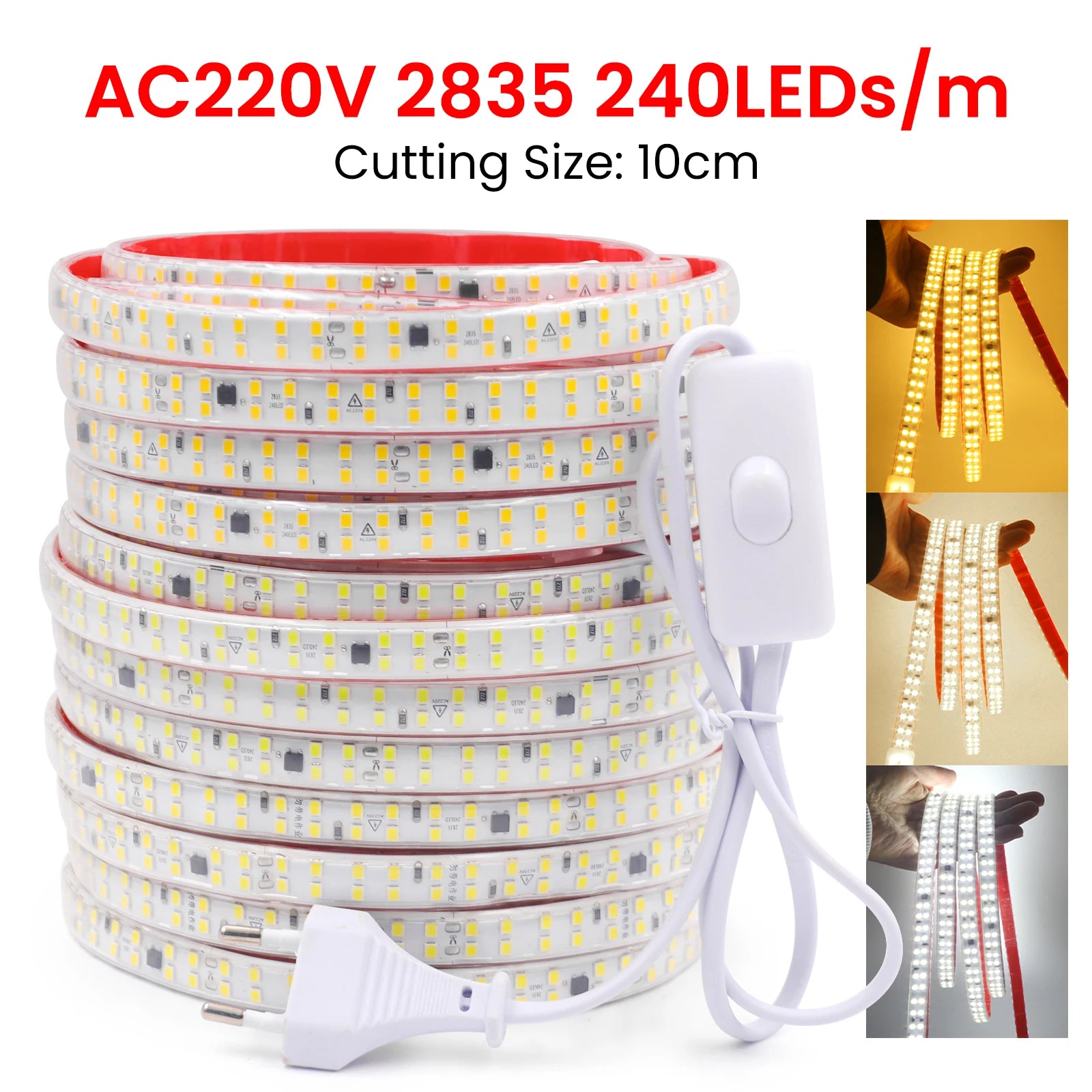 AC 220V LED Strip Waterproof 240Leds/M 3000K 4000K 6000K Home Decor Self Adhesive Tape Chain Light Flexible Ribbon Strip