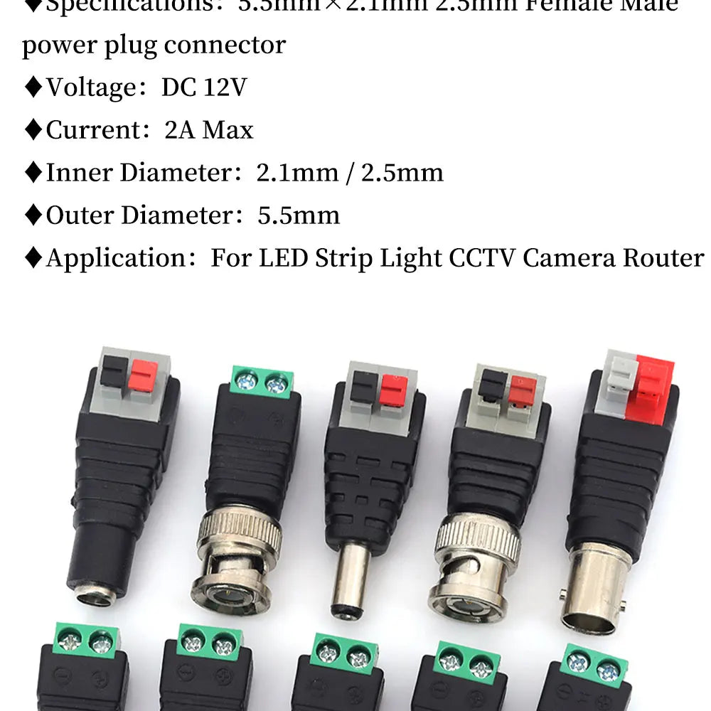2PCS DC 12V Male Female BNC Connectors 5.5*2.1mm/2.5mm Welding-Free Power DC Plug Adapter Jack Sockets For LED Strip CCTV Camera