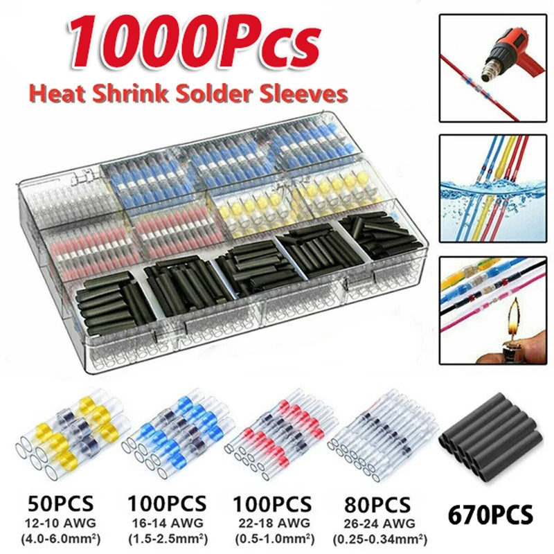 50-1000Pcs Heat Shrink Butt Crimp Terminals Waterproof Solder Seal Electrical Butt Connectors Wire Cable Splice Terminal Kit