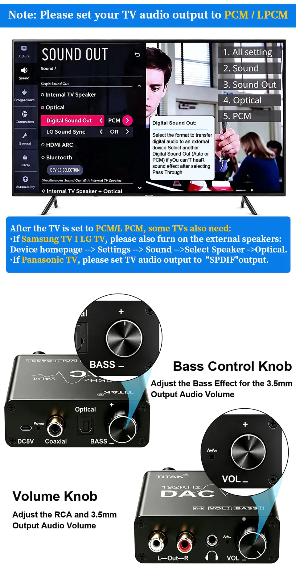 192KHz/24Bit DAC Digital to Analog Audio Converter Digital SPDIF Optical Toslink Coaxial to Analog Stereo L/R RCA and 3.5mm Jack