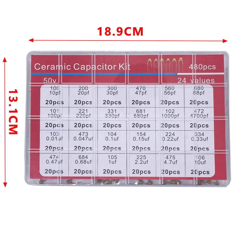 480pcs Ceramic Capacitor Assortment Kit For Guitar Capacitor 24Values 0.1uf-10uf