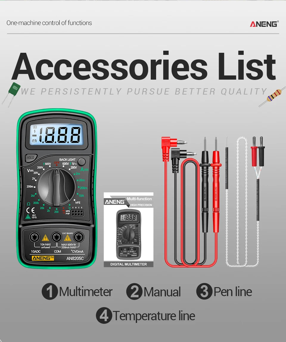 Digital Multimeter 1999 Counts 600V AC/DC Voltage Temp Test for Car Repair ANENG AN8205C Blue Backlight hFE Triode DIY Test Tool