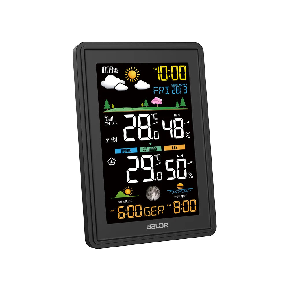 BALDR Wireless Color Weather Station DigitalThermometer Hygrometer Clock Calendar Barometer Sun Time Forecast Trend Sensor -40℃