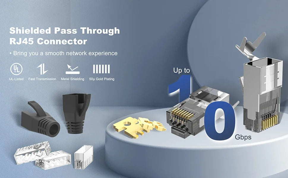 Natalink CAT6A CAT7 RJ45 Connector Pass Through Shielded 3-Prong Gold Plated Modular Network Plug with Strain Relief Boots Black