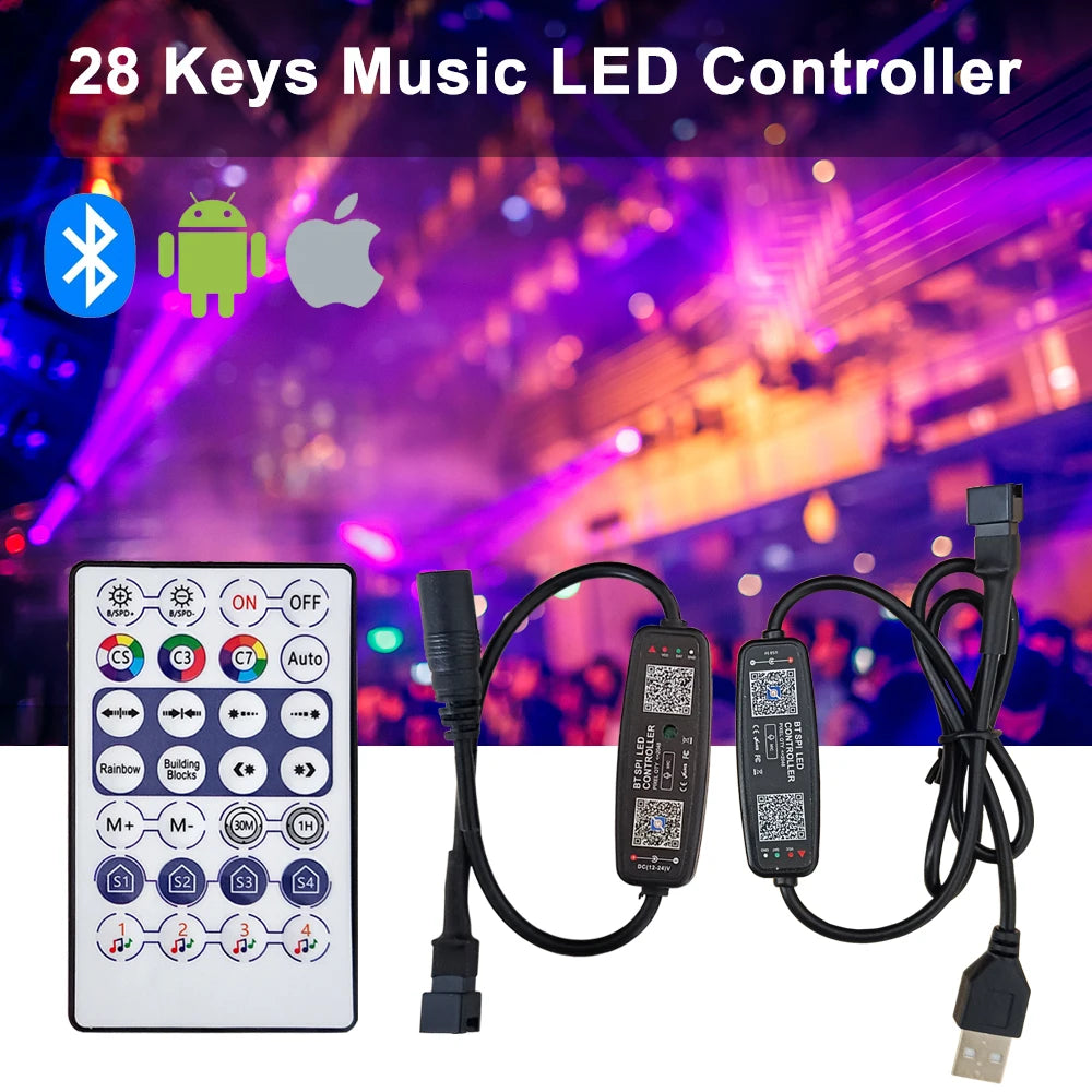 DC5-24V USB/DC Mini Led Controller 3Pin 28Keys Remote Bluetooth App Music Control For Individual Addressable WS2812 RGB Strip