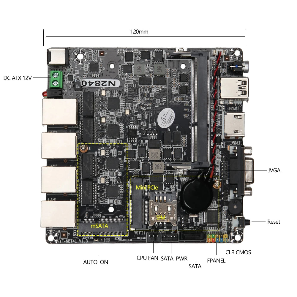 120x120mm Mini ITX X86 PC Motherboard intel Celeron N2830 CPU 4x 2.5G Ethernet HDMI VGA 2xUSB Mini PICE SIM Slot SATA mSATA
