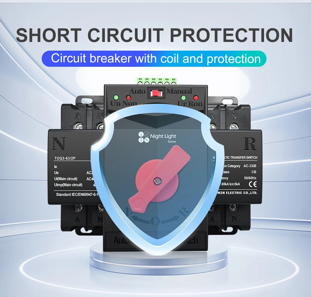 TOMZN TOQ3 Built-in Circuit Breaker 2P/4P 63A-125A with Night Light, 2-In 2/1-Out, Short-Circuit & Overload Protection