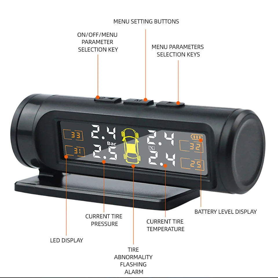 E-ACE 4 Sensors TPMS Removable Battery Wireless Intelligent Sensing Tire Pressure Monitor System Safety Alarm LCD Display