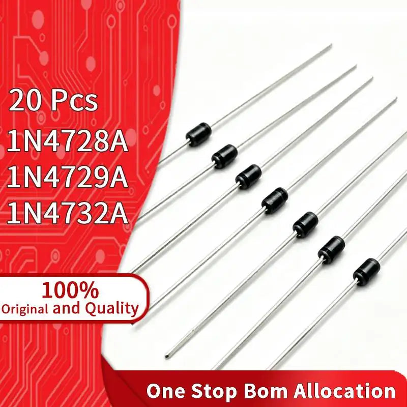 20Pcs 1N4728A 1N4729A 1N4732A Zener Diode 1W 3.3V 3.6V 4.7V DO-41 Axial Lead Voltage for Power Supply Regulator Direct Insertion