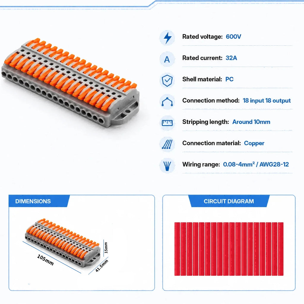 2P-30P Lever Electrical Wire Connector Terminal Block Electrical Cable Connectors Wire Terminals 1 In 1 Out Screw Mount 600V 32A