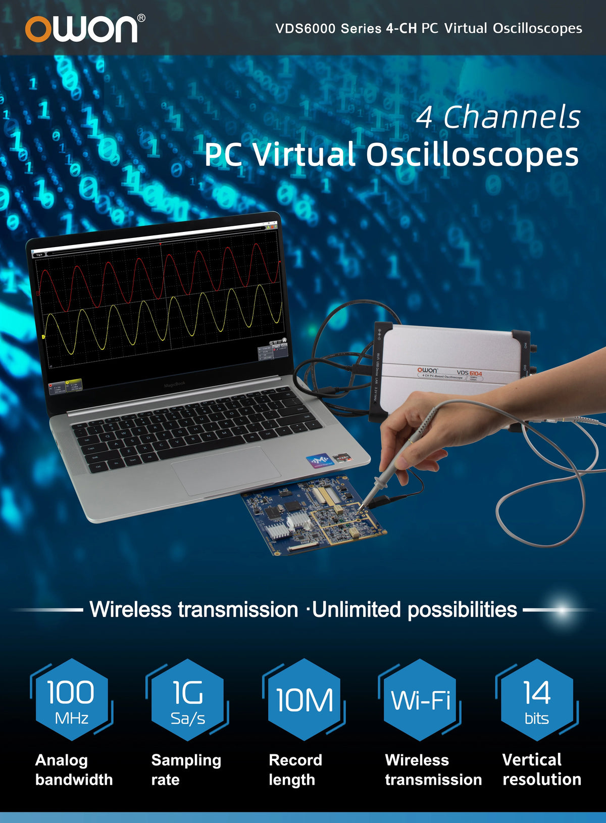 OWON VDS6074 VDS6104 Virtual Digital Oscilloscope 4 Channels 100MHz 1GSa/s WiFi USB LAN Interface Circuit Debug Tester
