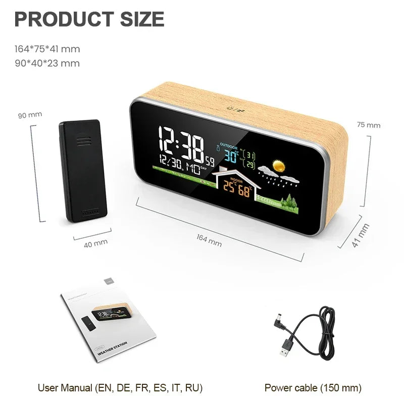 Wooden Wireless Weather Station Alarm Clock - Digital Thermometer Humidity Monitor with Wireless Sensor, Home Desktop TimeWatch