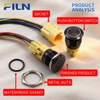 FILN 2PCS 19mm 12V 24V Push Button Switch Ring Button Latching IP65 Waterproof with LED 1NO1NC Pre-Wired Harness 5Amp Marine car