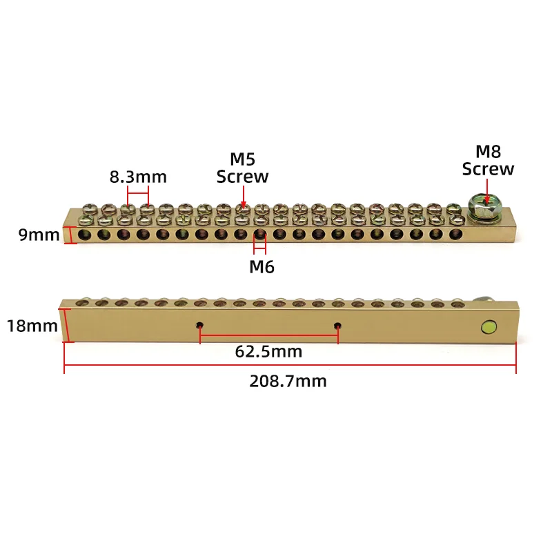 Terminal Block 10*18mm 8/10/12/16/20/24/30/40/50 Way One In Multiple Out High Current Double Neutral Ground Connector Brass Bar