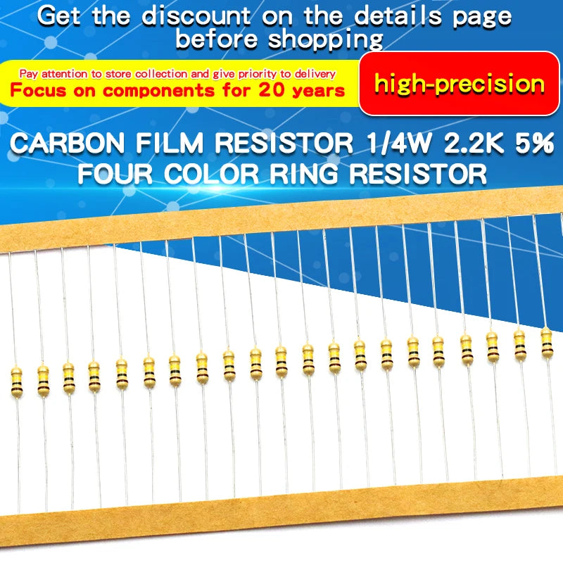 100pcs 1/4W Carbon Film Resistor 100Ω~220KΩ 5% Resistance 100 120 300 330 1K 1.5K 2.2K 3.3K 10K  20K 100K 150K 220K Ohm