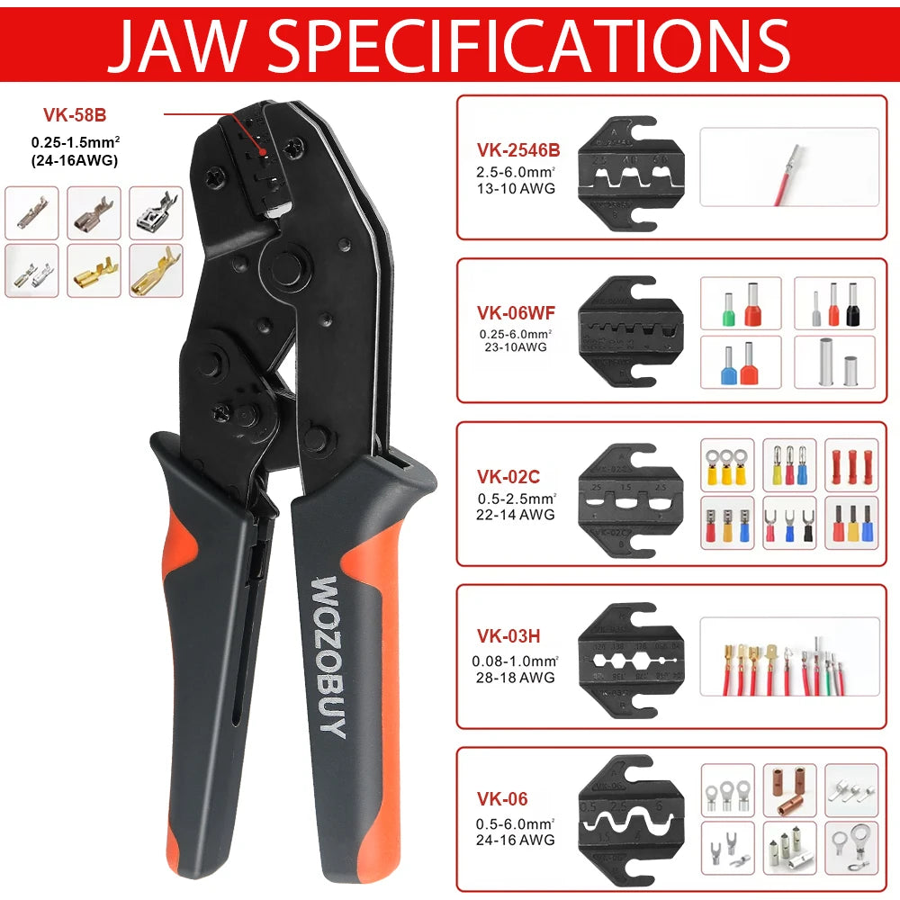 VK-58B Crimping Tool Ratchet Wire Crimping Pliers for JST Dupont Terminals SATA Pin Crimping AWG 24-16 0.25-1.5mm² Spring Loaded