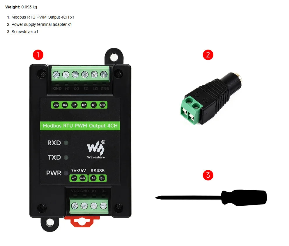 Industrial 4-Ch PWM Output Module, Modbus RTU Protocol, Isolated RS485 Interface, Adjustable Frequency and Duty Cycle, With Vari