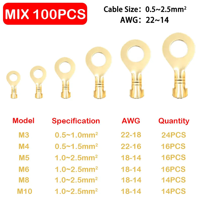 O-type Ground Lugs Terminal Cold-Pressed Copper Tab Wiring Nose Wire Lugs Crimp Wire Connector Eyelets Cable Connection Clamp