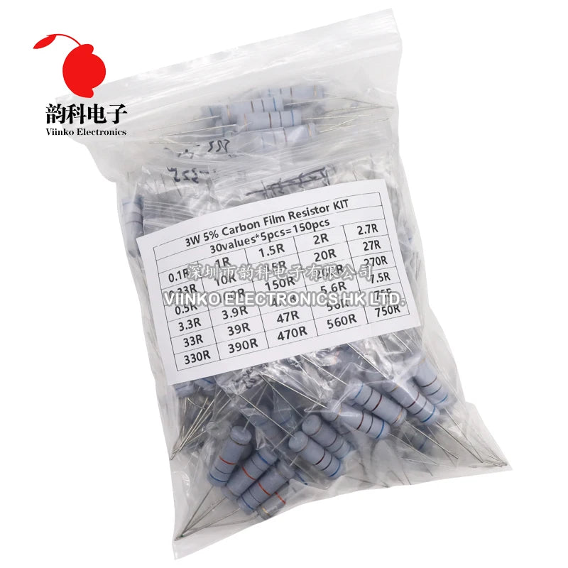 150PCS 300PCS 1W 2W 3W 5W Carbon Film Resistor Assortment Kit 5% Resistance Set 30Kinds 0.1-750 ohm 1K-820K DIY components