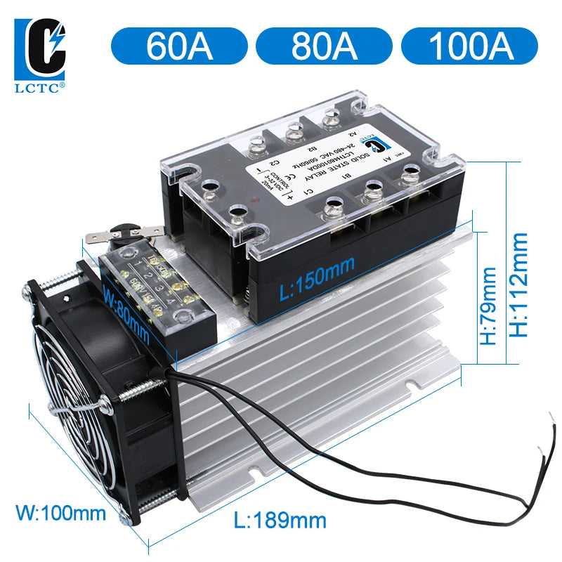 LCTC Three Phase Solid State Relay SSR Zero Cross 3-phase Load Relay 3-32VDC Control With Radiator 380V10A 25A 40A 60A 80A 100A