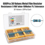 600Pcs Assorted Metal Film Resistor Kit 30 Values 1/4W 1ohm-10Mohm 1% Tolerance Resistance for Electronics Projects