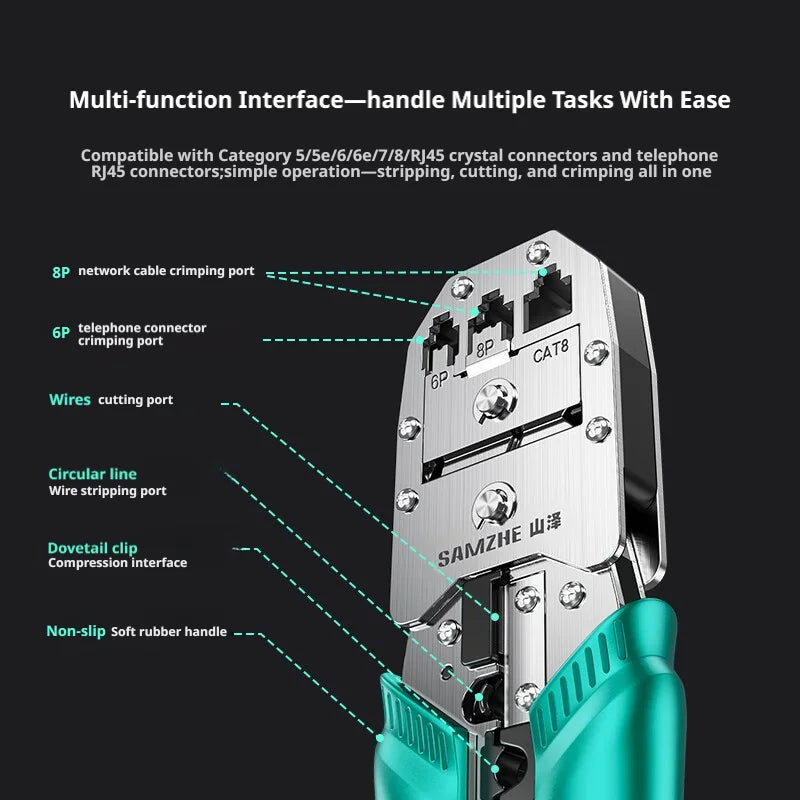 SAMZHE Alloy Steel Crimp Plier RJ45 Crimper Stripper Cutter for Cat5e/6/7/8 Ethernet Wire Tool With Dovetail Clip Double 8P