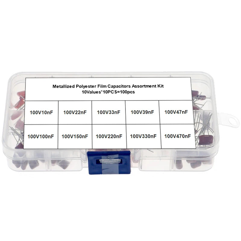100PCS 100V Metallized Polyester Film Capacitor Assortment Kit With Box 10nF 22nF 33nF 39nF 47nF 100nF 150nF 220nF 330nF 470nF