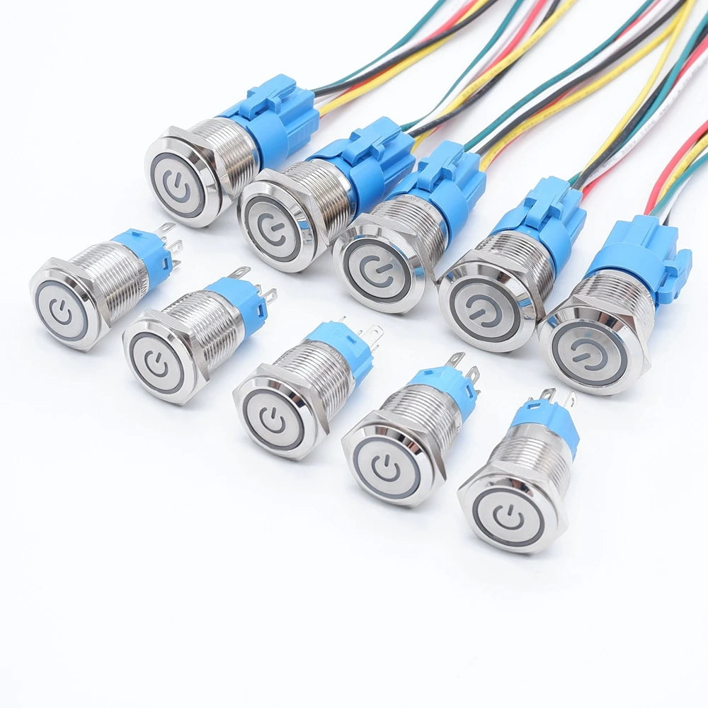 5PCS 16/19/22MM Waterproof Metal Push Button Switch LED Light Momentary Latching Car Engine Power Switch Socket 5V 12V 24V 220V