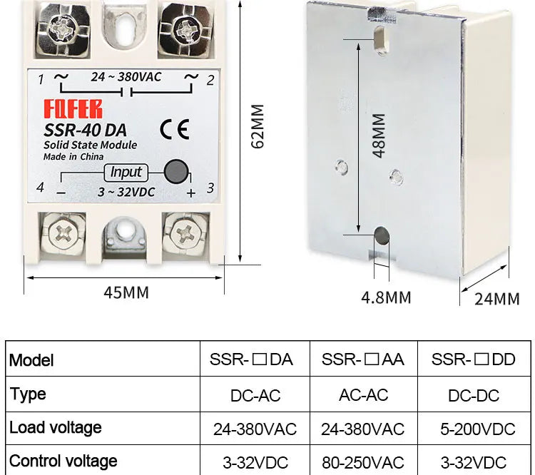LCTC 1pcs Solid State Relay Single Phase Non-contact SSR DC To DC AC To AC DC To AC 24-380VAC 10A 25A 40A 50A 60A 80A 100A