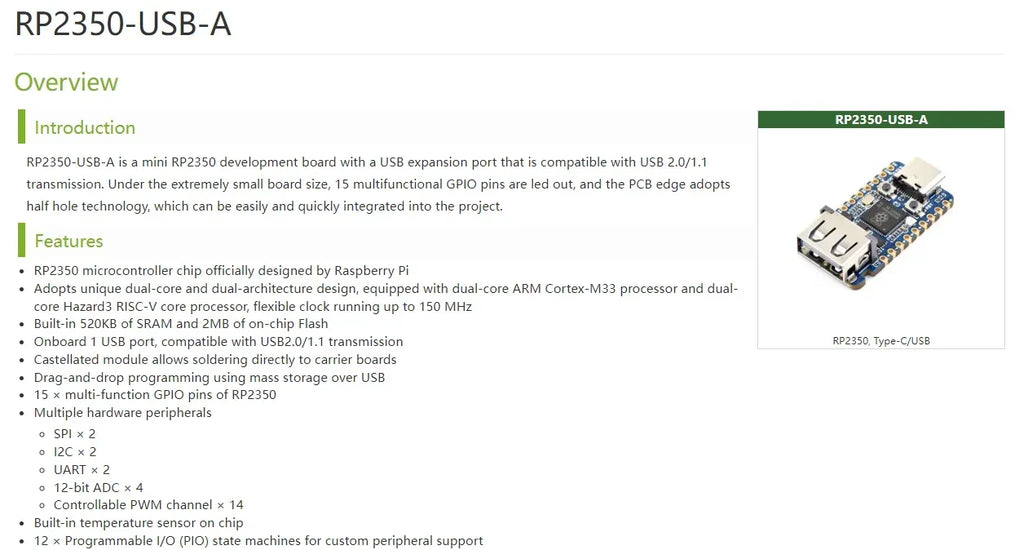 Raspberry Pi Pico 2 RP2350 USB A/Zero Development Board Equipped With Onboard Type-A/C Expansion Port Waveshare RP2350A
