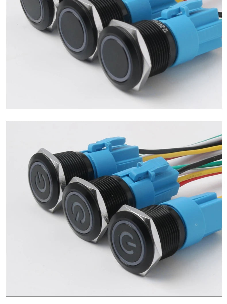 5PCS 16/19/22mm Metal Button Switch  Black Shell Flat Head Waterproof LED Momentary Reset Latching Button Switch 12V 24V 220V